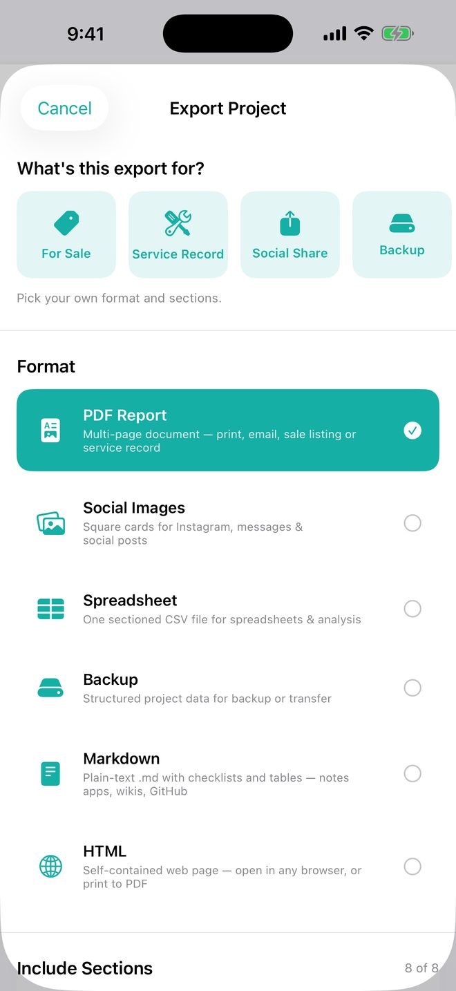 Export Project sheet in Trackara: PDF report, spreadsheet, backup and more