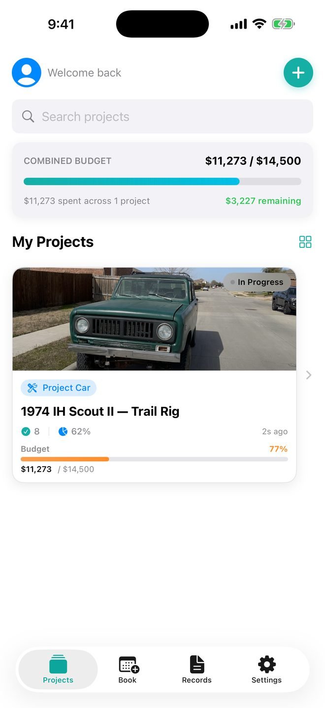 Trackara garage home: combined budget and the 1974 IH Scout II project card
