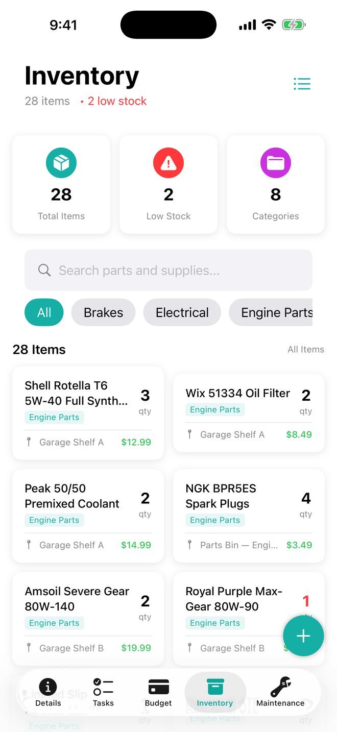 Parts inventory for a 1974 IH Scout II build in Trackara