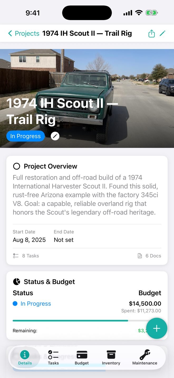 Project overview for a 1974 IH Scout II build in Trackara