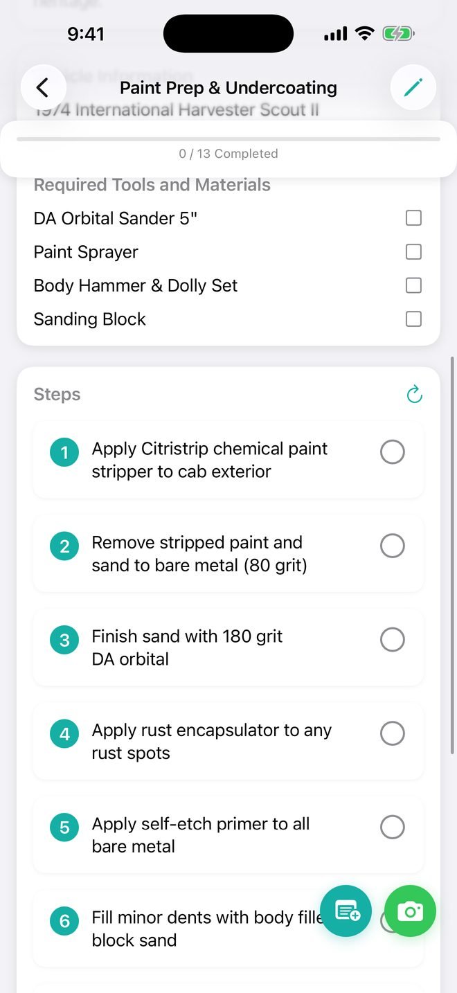 Paint prep task in Trackara with required tools, materials and numbered steps