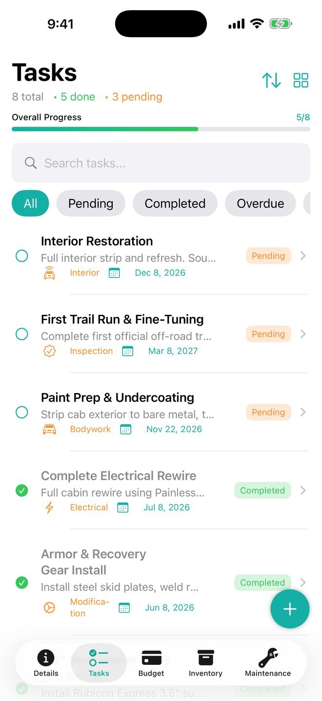 Task list for a 1974 IH Scout II build in Trackara, 5 of 8 tasks done